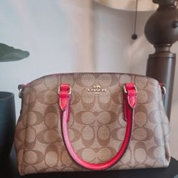 COACH WOMENS MINI SAGE CARRYALL IN SIGNATURE CANVAS  KHAKI/TRUE RED