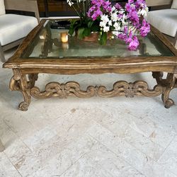 Exquisite Antique Glass Top Italian Carved Coffee Table 