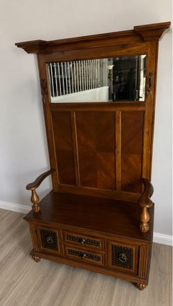 Wooden Hall Tree with Mirror and Storage Bench