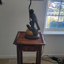 Wood Table and Lamp