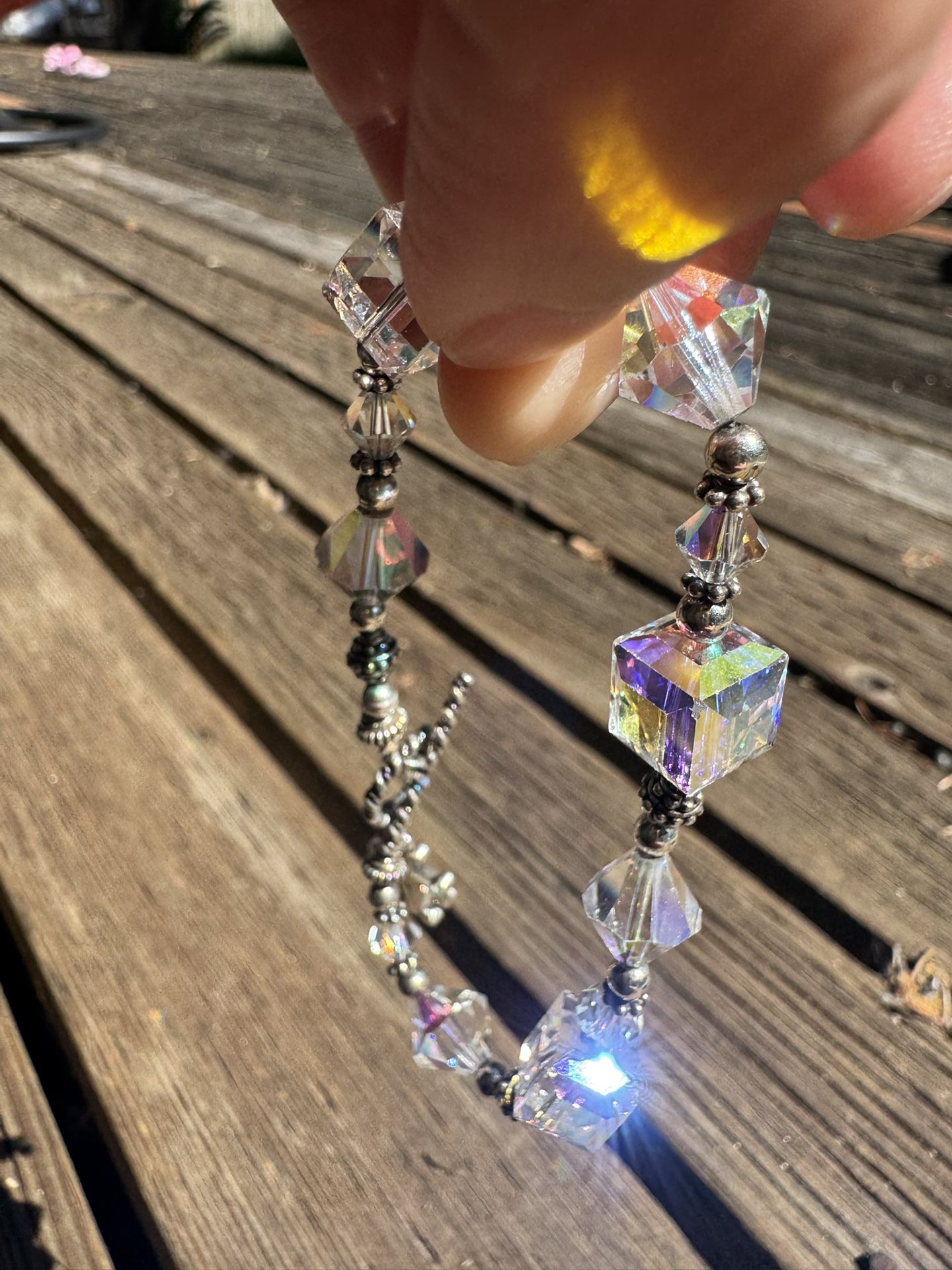 Sterling Silver 925 Cross Charm Bracelet – AB Crystal Glass Beads – One Damaged Bead