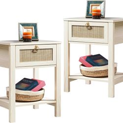 White Nightstand Set of 2,Rattan Decor Drawer with Brass Knobs Night Stand Wood Bedside Table Boho End Tables Side Tables with Storage Shelf