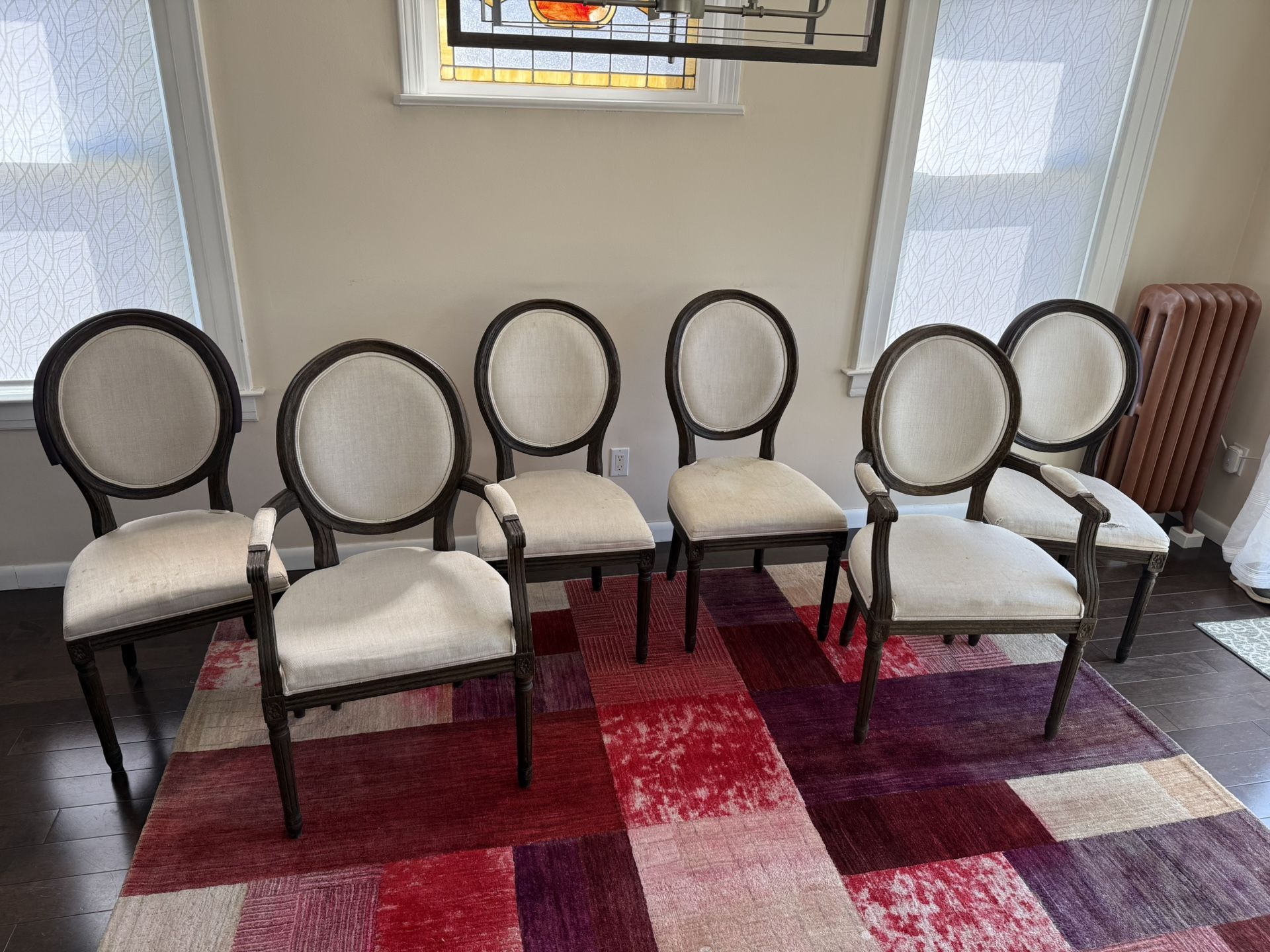 6 Restoration Hardware Vintage French Round Upholstered Chairs (2 Armchairs and 4 Side Chairs)