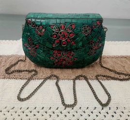 Bag  Handmade Moroccan Turquoise Tile Mosaic Clutch Crossbody Bag Gold Chain