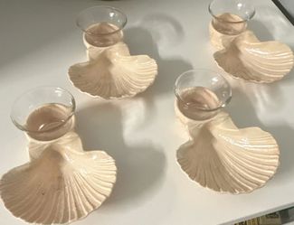 Set of 4 Shell Coastal Tea Light Candle Holders, Ceramic Beige w/ Clear Glass