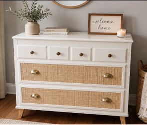 Solid wood 3 drawer dovetailed dresser with caned drawer front and brass hardware