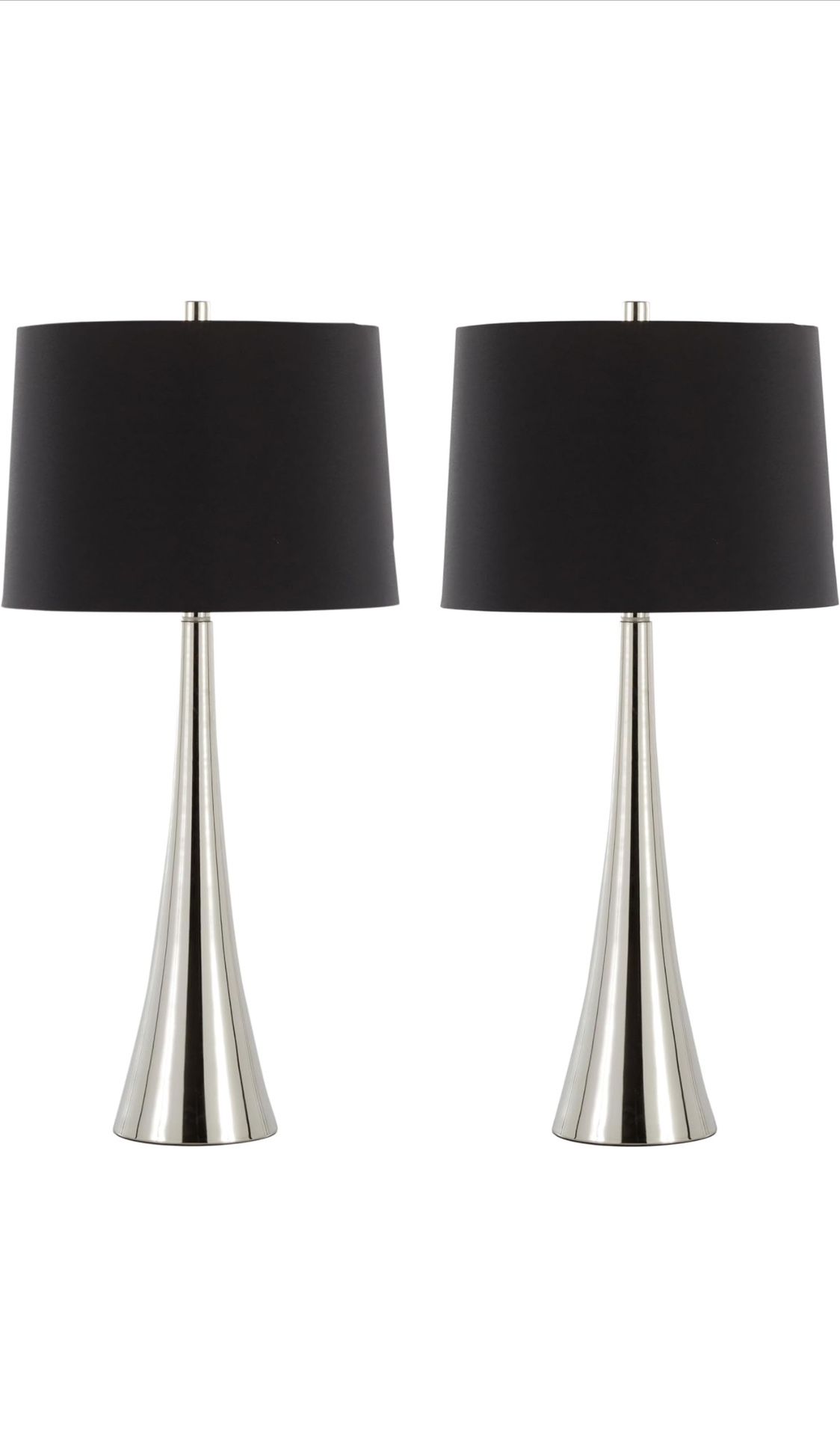 Grandview Gallery 29.5 Inch Tall 100-Watt Modern Metal Candlestick Table Lamps with Black Linen Drum Shades, Polished Nickel (Set of 2)