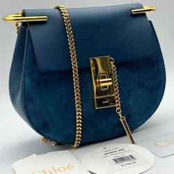 Chloe Suede Smooth Calfskin Mini Drew Shoulder Bag Gold Chain Majolica Blue