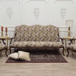 French Style , Hand Carved , Floral Jacquard Fabric , Living Room Set 