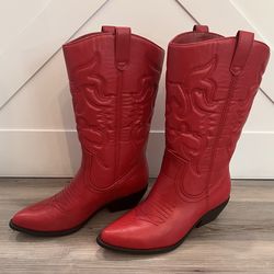 Soda Reno Red Western Cowboy Boots Pointed Toe Knee High Pull On Tabs Western Boots 7