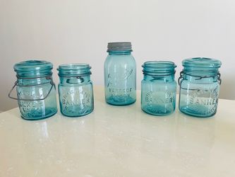 Lot of 5 Vintage Glass Jar Home Decor Vase Ball Trademark Banner