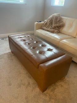 Cognac Faux Leather Tufted Ottoman/Storage Bench 50”