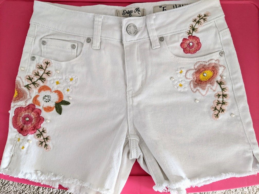 New Indigo Denim Embroidered White Shorts