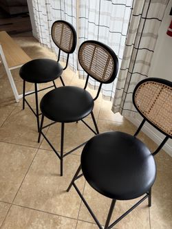 Set of 3 Modern Rattan Cane Counter Bar Stools – Black
