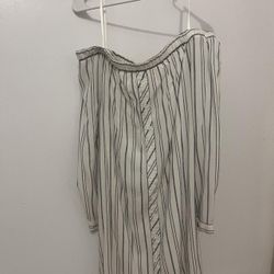 love, Fire White and Black Striped off the shoulder blouse with button up front