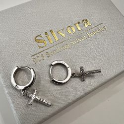 Silver cubic zirconia cross earrings
