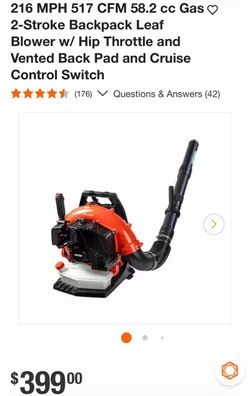 216 MPH 517 CFM 58.2 cc Gas O 2-Stroke Backpack Leaf Blower w/ Hip Throttle and Vented Back Pad and Cruise Control Switch