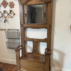 Antique Hall Tree With Brass Hooks