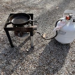 Burner With Cast Iron Pan And Bottle Of Gas 