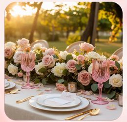 7OZ Plastic Wine Glasses, Reusable Vintage Goblets Unbreakable Drinking Glasses Crystal Water Cups Champagne for Wedding, Parties (24, Pink)