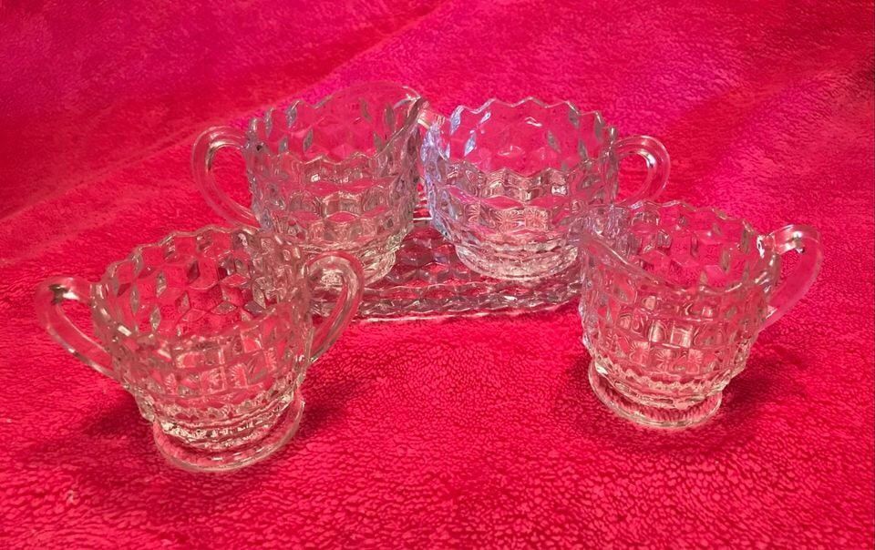 Fostoria American Cube Glass Sugar Creamer & Tray PLUS Mini Sugar Creamer FLAWLESS!