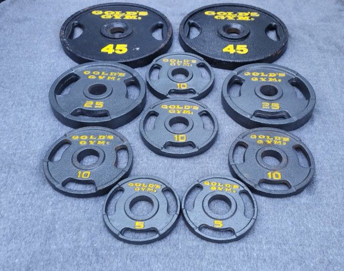 SET OF GOLDS GYM OLYMPIC PLATES (PAIRS OF) : 45s 25s 5s & (2 pair of 10s)