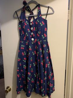 ♡ PIN-UP ♡ Size S Navy Cherry Pattern Halter Dress