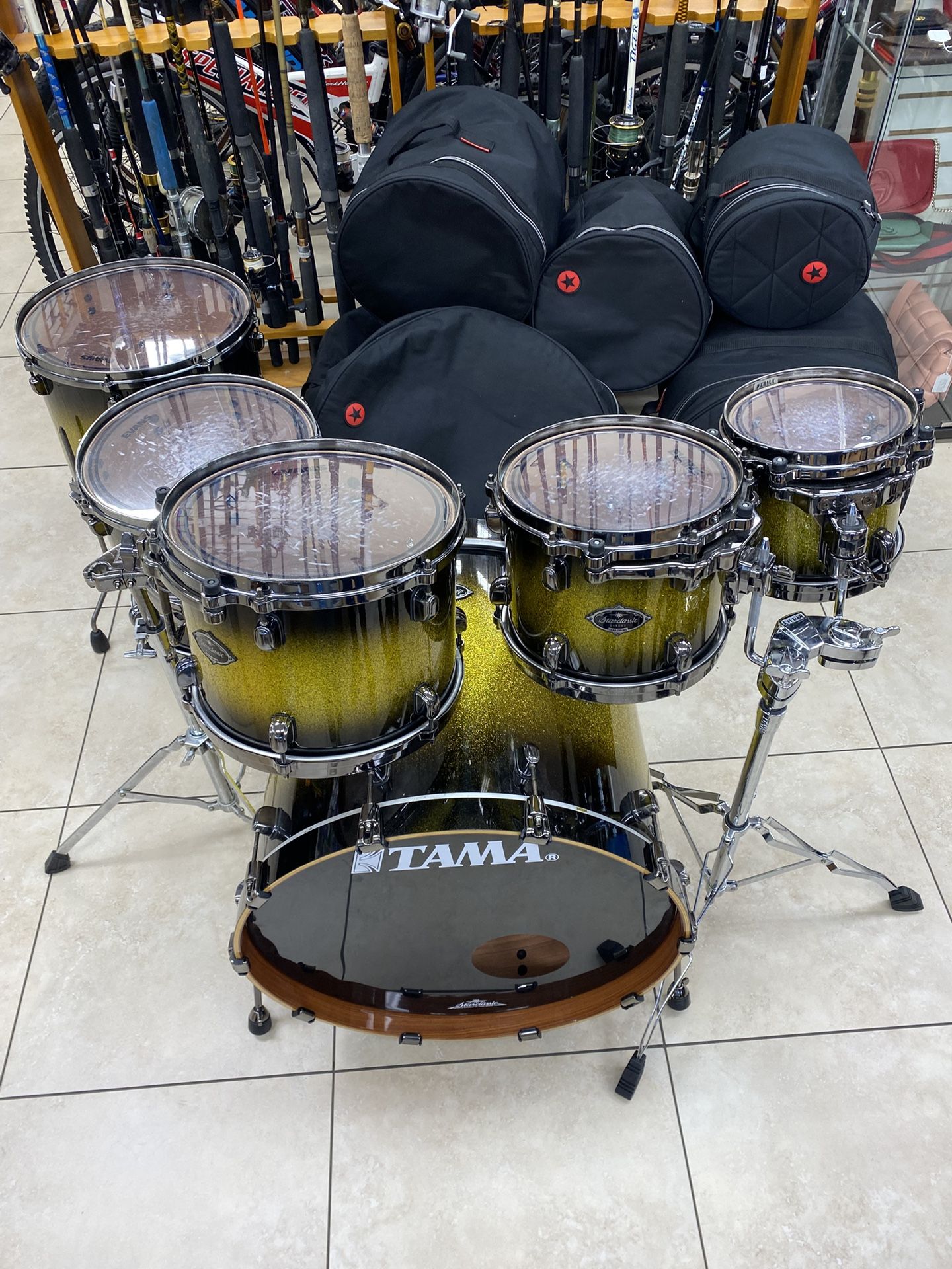 Tama Starclassic Bubinga BB Japan 6pc Drum Set Rare Tutone Black Gold Sparkle