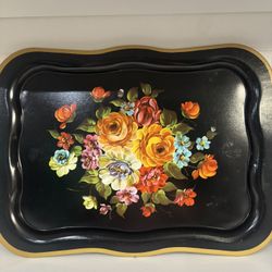 Vintage Metal Tin Black And Gold Tole Tray With Floral Motif 