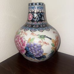 Vintage Chinese Hand Painted Cloisonne Porcelain Vase - Birds & Floral 