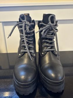 Miu Miu Women's Lace Leather Block Heels Combat Boots Black Size 36