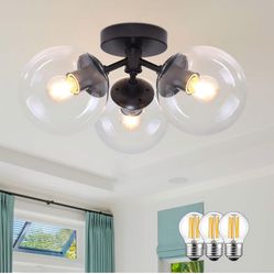 3-Light Modern Black Semi Flush Mount Ceiling Light Clear Glass Globe Ceiling Lights Mid Century Black Chandelier 