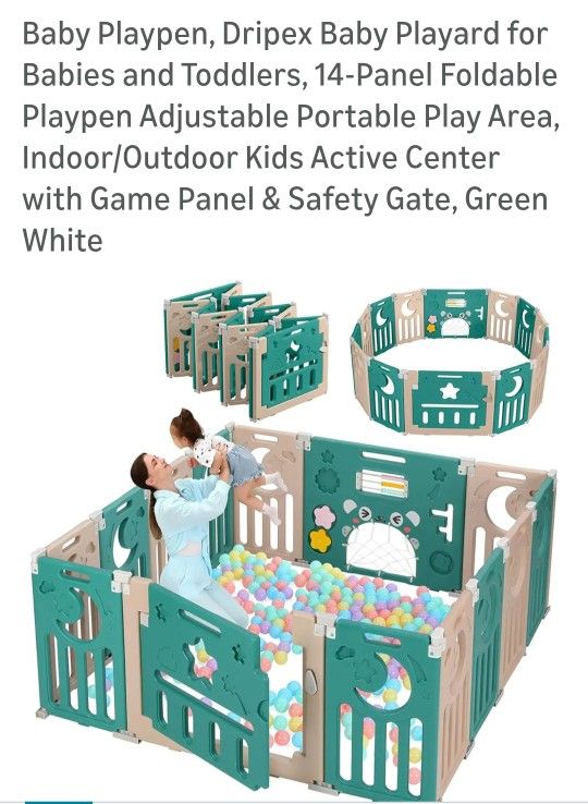 Baby Playpen, Dripex Baby Playard For Babies And Toddlers,  14-panel Foldable Green And White