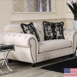 Beige Tufted Loveseat With Nailhead Trim Brand New 