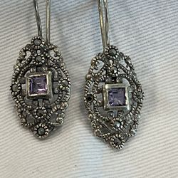 Vintage 925 Sterling Silver With Amethyst Earrings