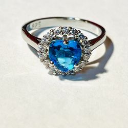 STERLING SILVER.925 STAMPED SWISS BLUE TOPAZ AND CZ RING 