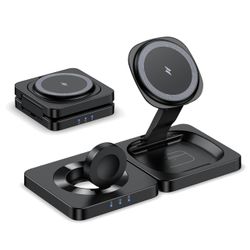Zeanlant 3-in-1 Wireless Charging Station - Foldable Magnetic Wireless Charger for Apple Device, 15W Fast Charging Stand for iPhone 16/15/14/13/12 Pro