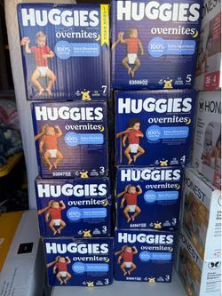 Huggies Overnight Diapers sizes 3, 4, 5, 7; $18 each. Brand new!
