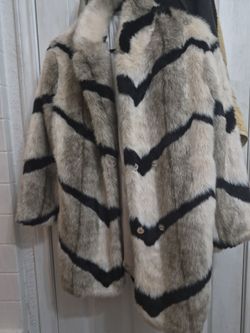 Fur Coat Cream Black Chevron Stripe