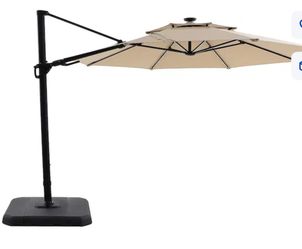 allen + roth 11-ft Aluminum Beige Crank Cantilever Patio Umbrella with Lights with Base