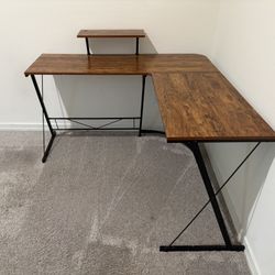 L-Shaped Home Office Desk – Wood & Black Metal