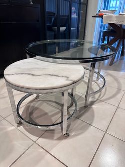 Round Nesting Coffee Tables with Marble and Glass Tops