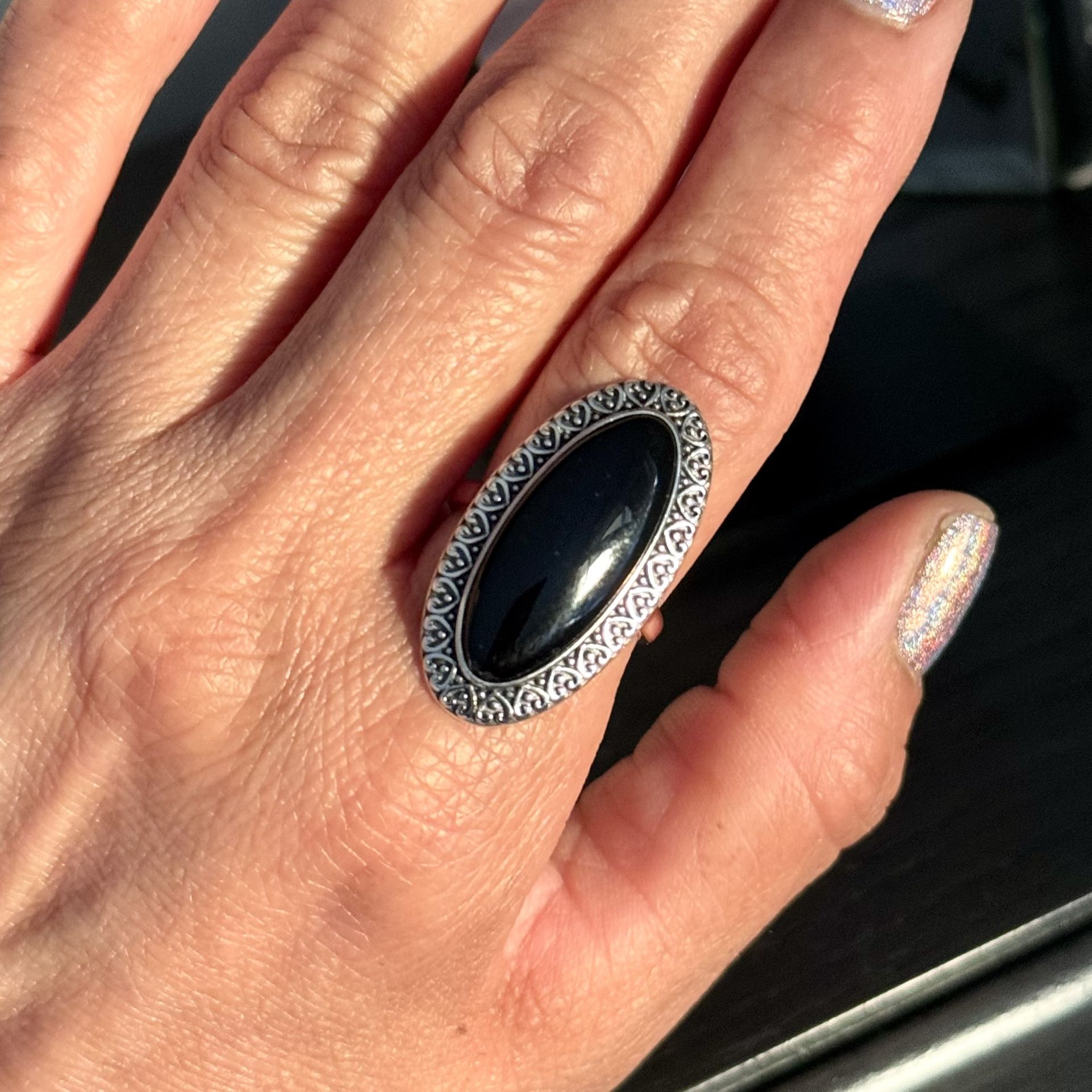 Black Agate 💍 925 Sterling Silver Ring size 8