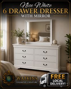 ✨ Beautiful White 6-Drawer Dresser with Matching Mirror ✨