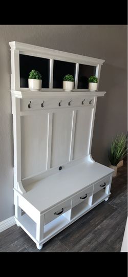 White Wood Entryway Hall Tree with Storage Bench