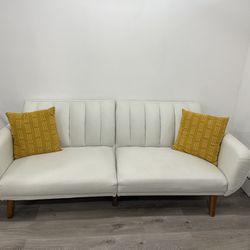 Sofa Futon, Premium Linen Upholstery and Wooden Legs, Grey Linen
