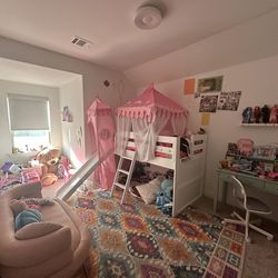 Low Loft Bed Twin Size With Easy Slide, Lather and Princess Theme Play Curtains