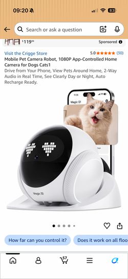 Mobile Pet Camera Robot, 1080P App-Controlled Home Camera for Dogs Cats1 Drive from Your Phone, View Pets Around Home, 2-Way Audio in Real Time, See C