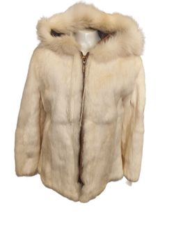 Women's Vintage Y2K Real Rabbit Fur Hooded Jacket w/Zipper Closure Large L