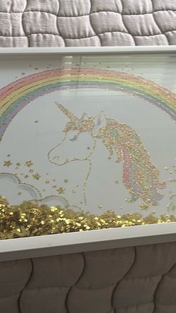Framed Unicorn and Rainbow Glitter Art
